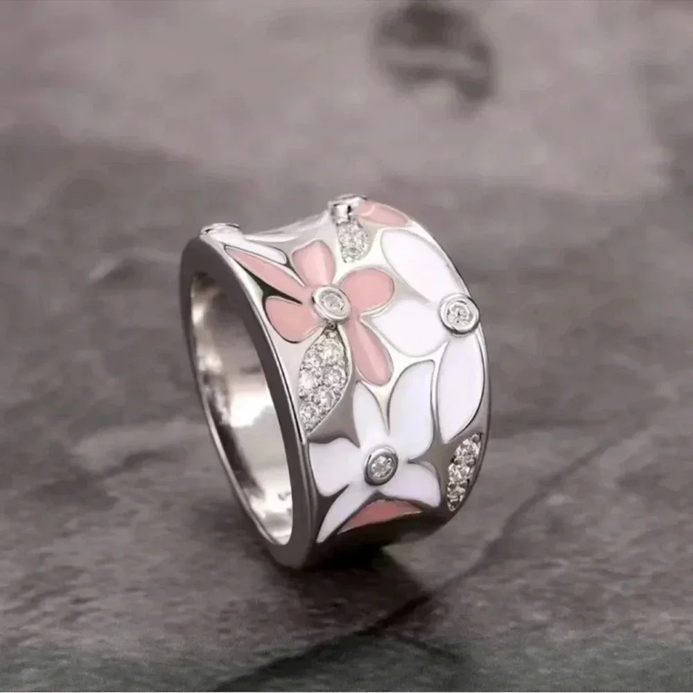 Silver Pink & White Flower Zircon Ring